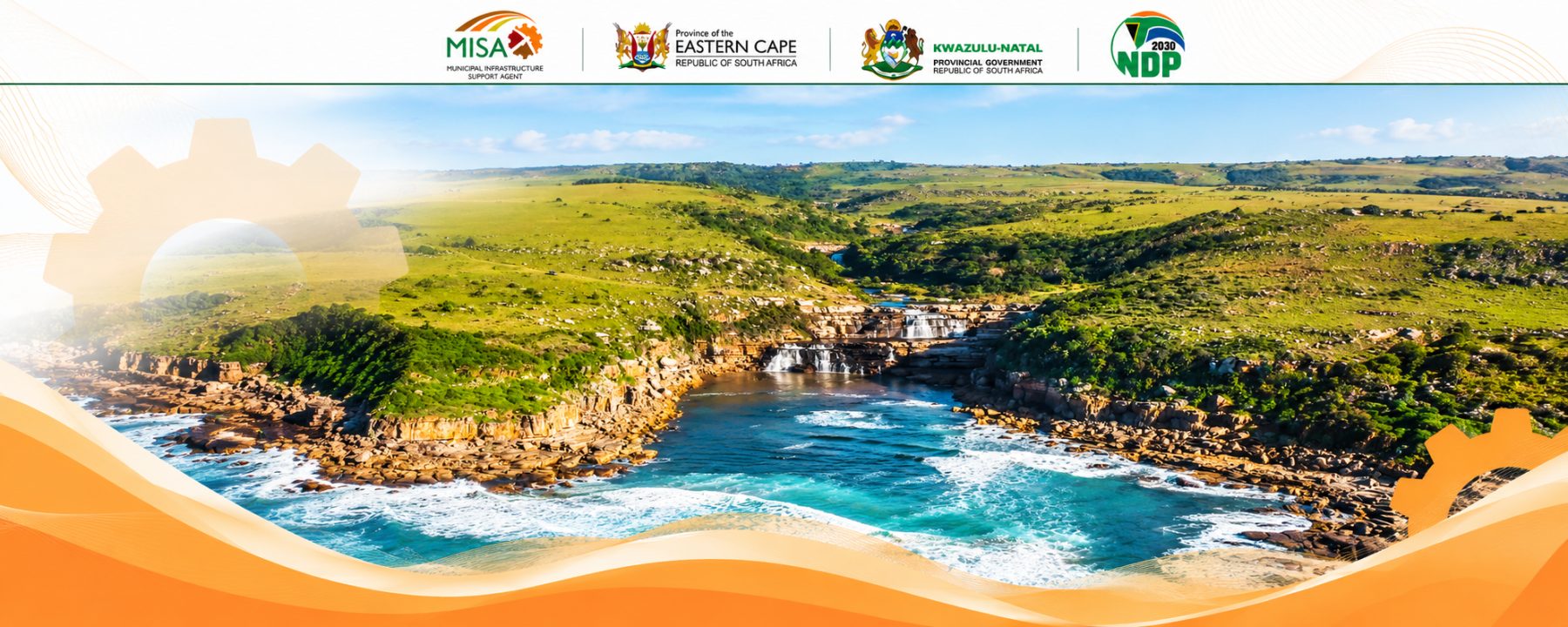 Partner emblems of MISA, the Province of the Eastern Cape, the KwaZulu-Natal Provincial Government and NDP 2030, above coastal, infrastructure and government photographs from the Eastern Seaboard districts.