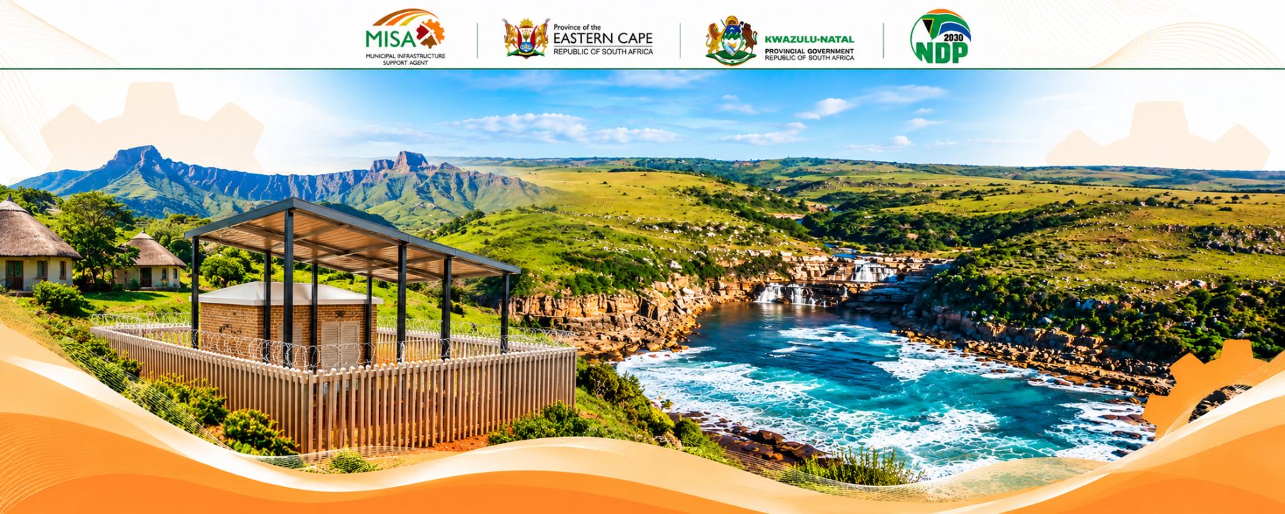 Partner emblems of MISA, the Province of the Eastern Cape, the KwaZulu-Natal Provincial Government and NDP 2030, above the kingship engagement, coastal and infrastructure photographs from the Eastern Seaboard districts.