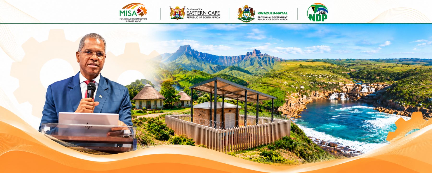 Partner emblems of MISA, the Province of the Eastern Cape, the KwaZulu-Natal Provincial Government and NDP 2030, above government infrastructure and scenic development photographs from the Eastern Seaboard districts.