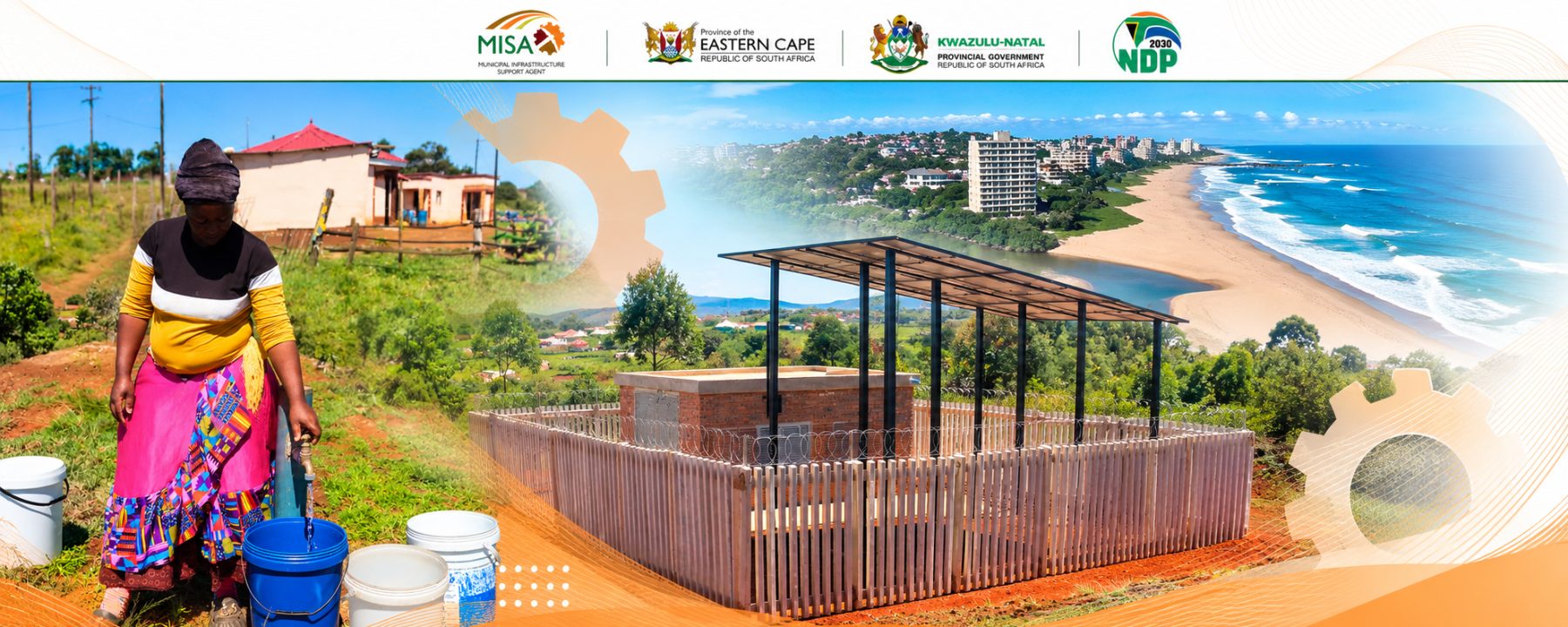 Partner emblems of MISA, the Province of the Eastern Cape, the KwaZulu-Natal Provincial Government and NDP 2030, above a panorama of community water infrastructure across the Eastern Seaboard districts.